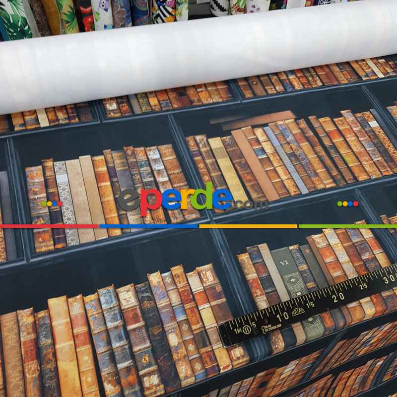 Genç Odası - Kitaplık Desenli Fon Perde Evm1077 Kumaşı Kalındır Duck Bezi Değildir- Kahverengi