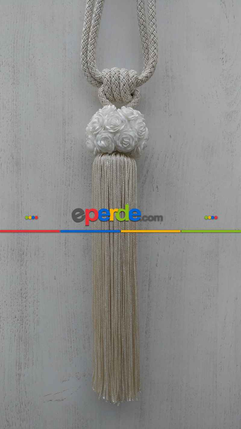 Gül Desen Braçol Perde Bağı- Ekru