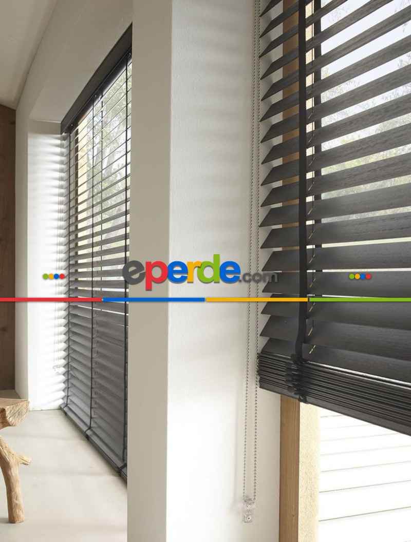 Oda Perde - 50 Mm Ahşap Görünümlü Jaluzi Perde, Polywood, Su İle Temastan Etkilenmez, Alev Almaz, Antrasit, Siyah Ve Ahşap Tonlarında