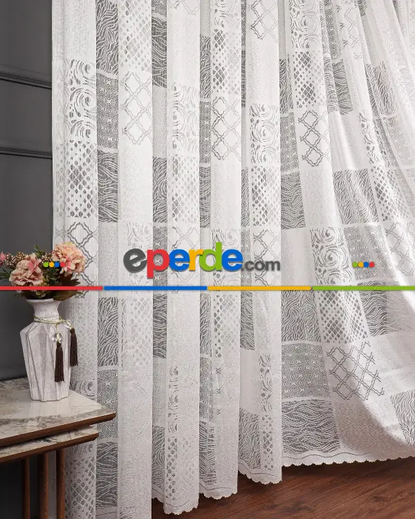 Tül Perde - Desenli Tül - Örme Tül - Patchwork Desen