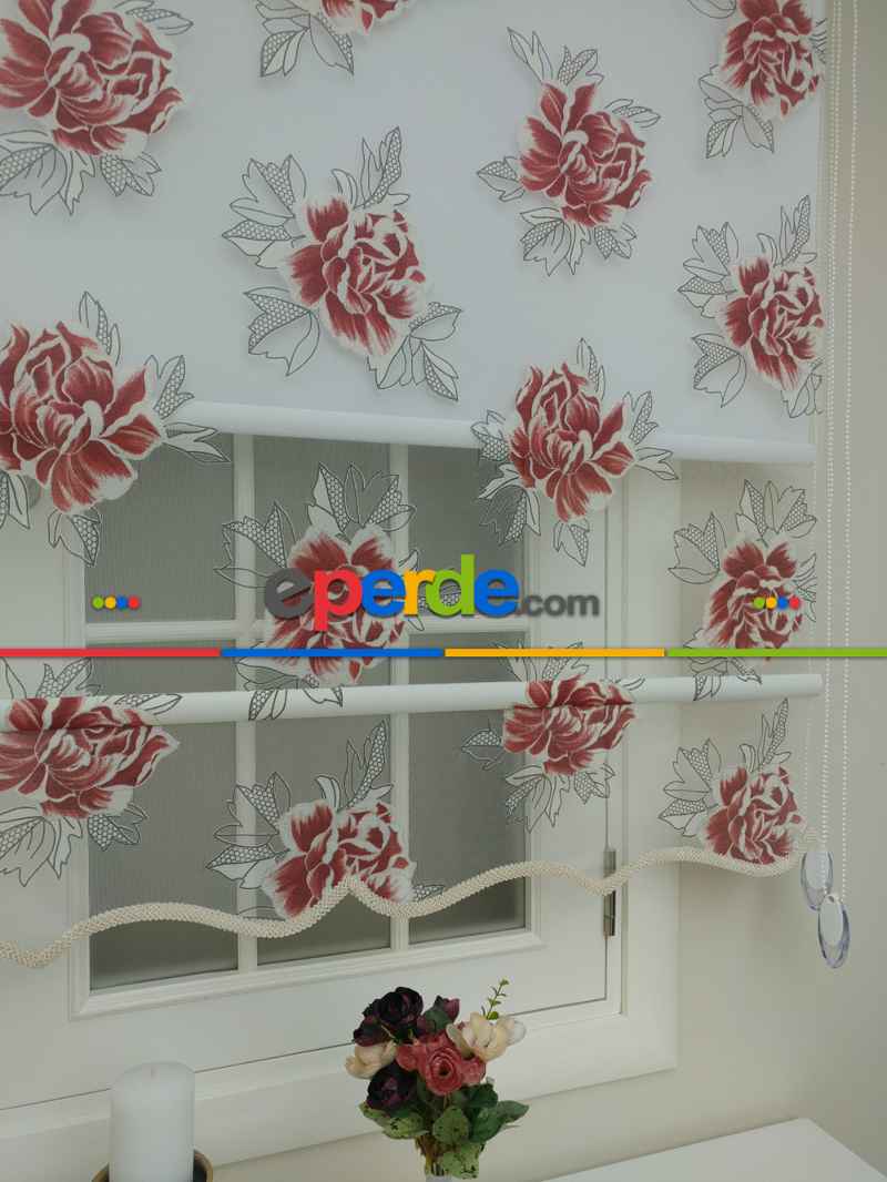 Mutfak Tül Stor Perde - Çiftli Sistem- Kırmızı