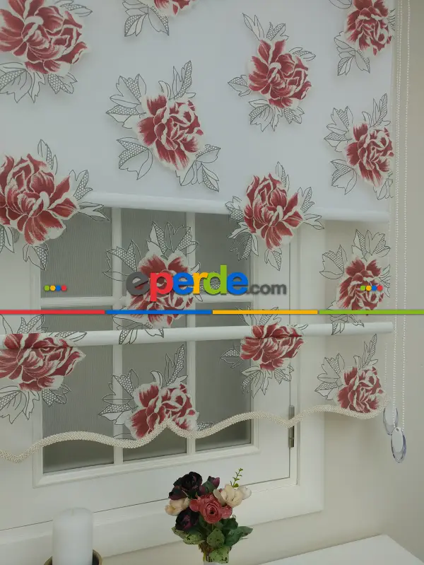 Tül Stor Çiftli Sistem Yakma Zemin Kırmızı Gül- Kırmızı-gri Açık- Çok Renkli 2