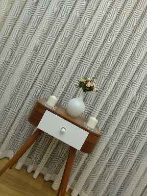 Geometrik Desenli Tül Perde Etek Katlamalı- Ekru