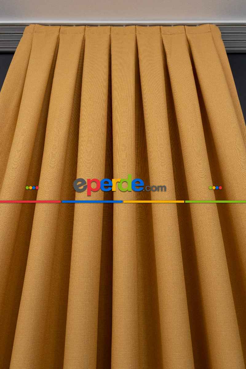 Oturma Odası Keten Sarı Renk Düz Fon Perde- Hardal