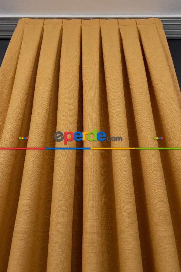 Yatak Odası - Keten Sarı Renk Düz Fon Perde- Hardal