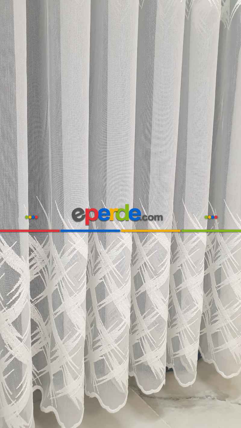 Desenli Tül Perde - Nakışlı Spor Geometri Desenli Salon Tül Perde - Ekru Açık Krem