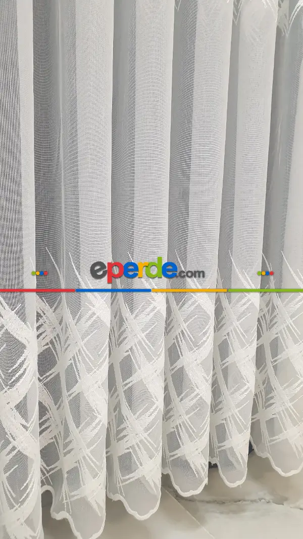 Desenli Tül Perde - Nakışlı Spor Geometri Desenli Salon Tül Perde - Ekru Açık Krem