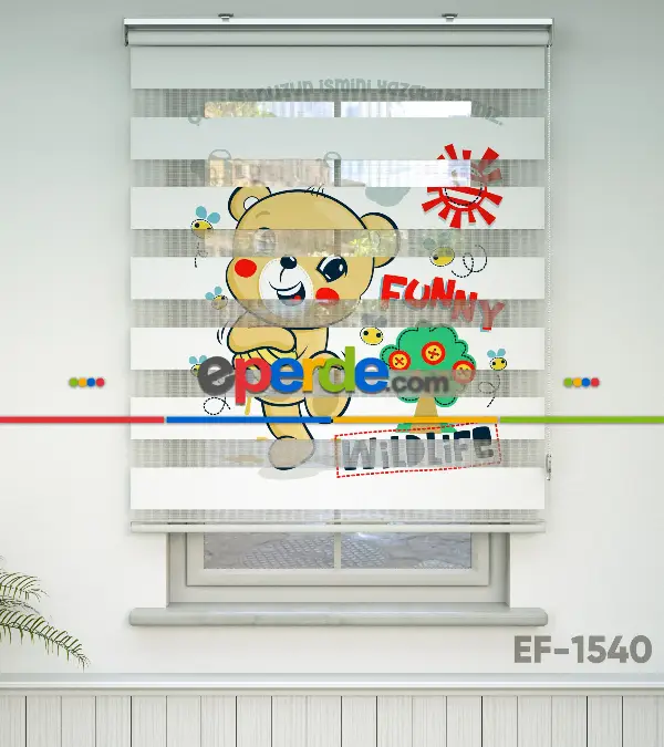 Sevimli Ayıcık Desenli Özel Baskılı Zebra Perde- Çok Renkli
