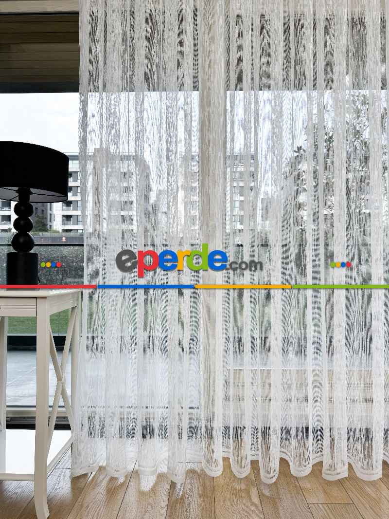 Ekru Çizgili Desenli Fransız Dantel Örme Tül Perde, Ütü İstemeyen Tül