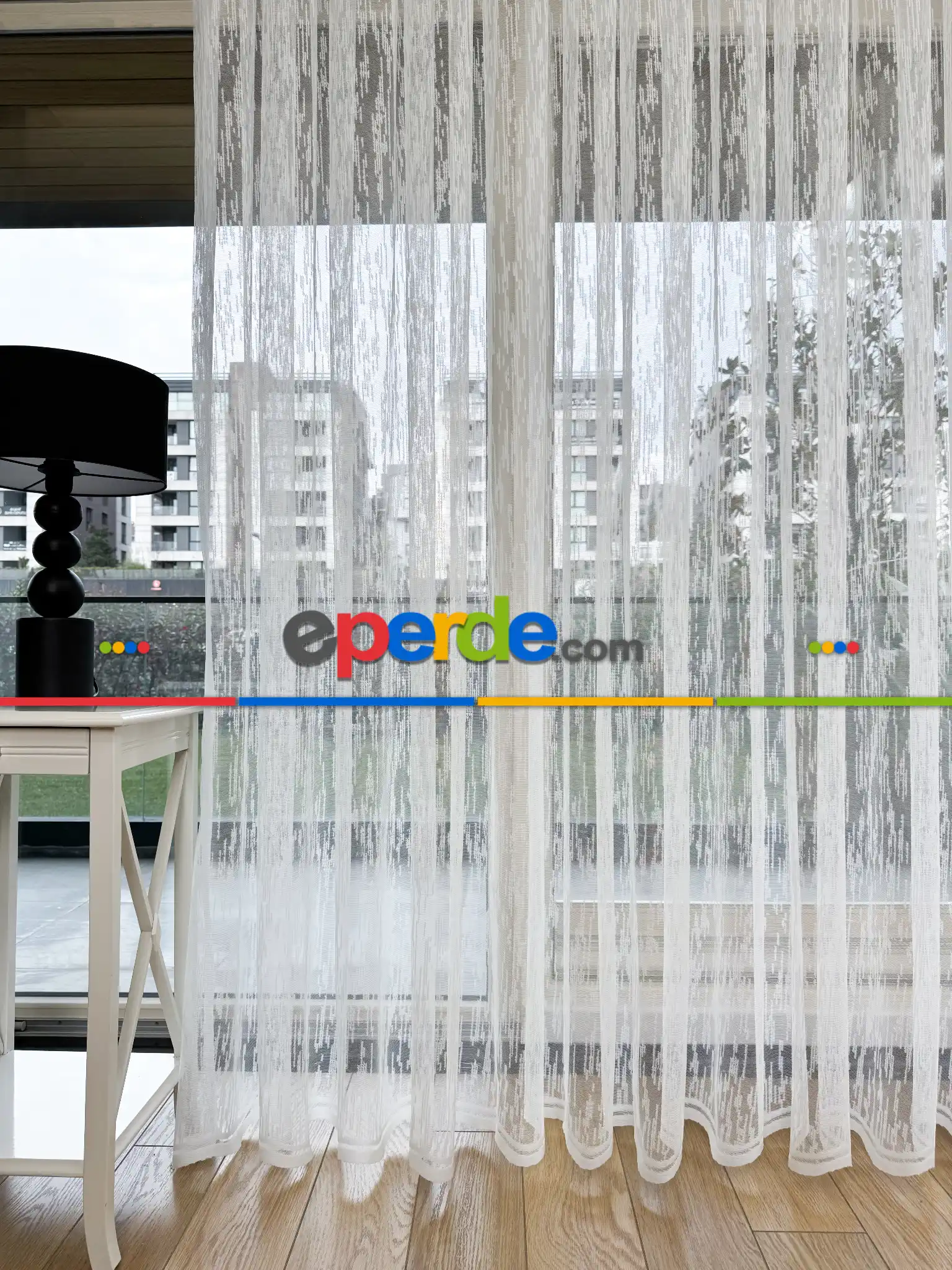 Salon - Ekru Çizgili Desenli Fransız Dantel Örme Tül Perde, Ütü İstemeyen Tül