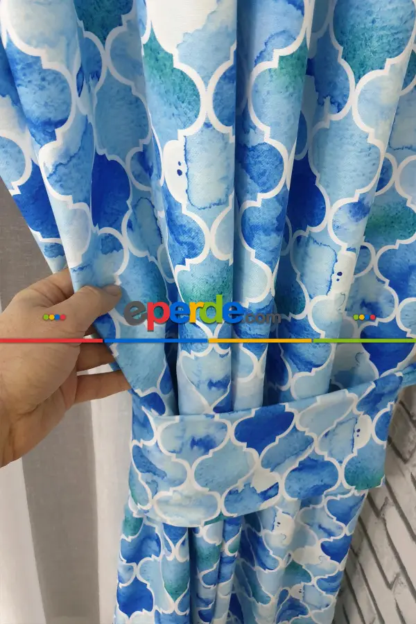 Yatak Odası - Mavi Geometrik Desenli Fon Perde Evm644 Kumaşı Kalındır Duck Bezi Değildir- Mavi-Beyaz