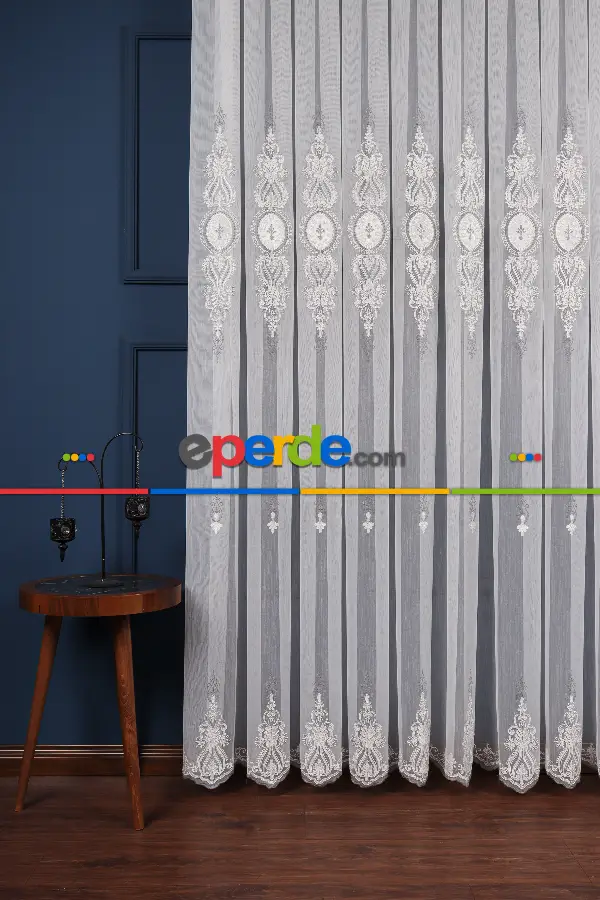 Salon Tül Modelleri - Avangart Ekru-gri Nakış İşlemeli Tül Perde