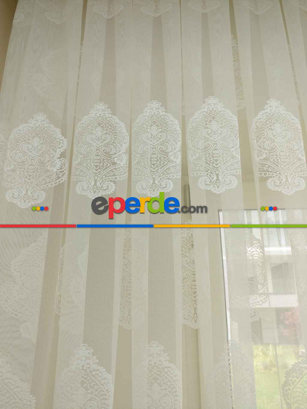 Damask Desenli Özel Örme Dokulu Tül Perde- Ekru