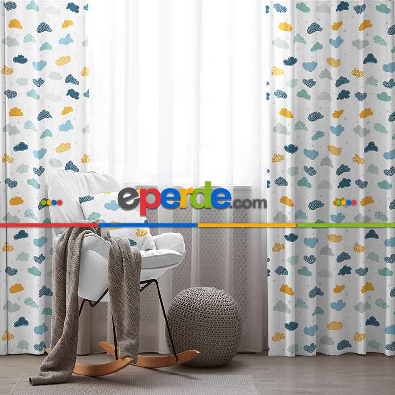 Bulut Desenli Fon Perde Evim809 Kumaşı Kalındır Duck Bezi Değildir- Mavi-beyaz