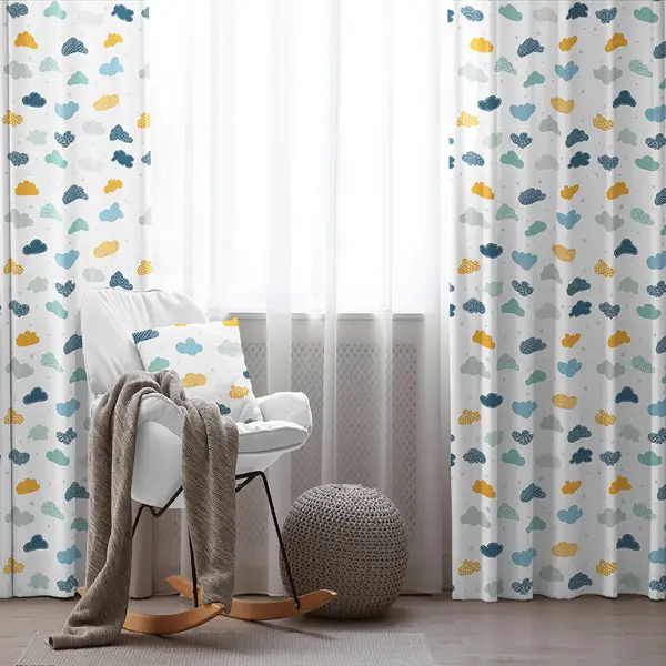 Çocuk Odası - Bulut Desenli Fon Perde Evim809 Kumaşı Kalındır Duck Bezi Değildir- Mavi-beyaz