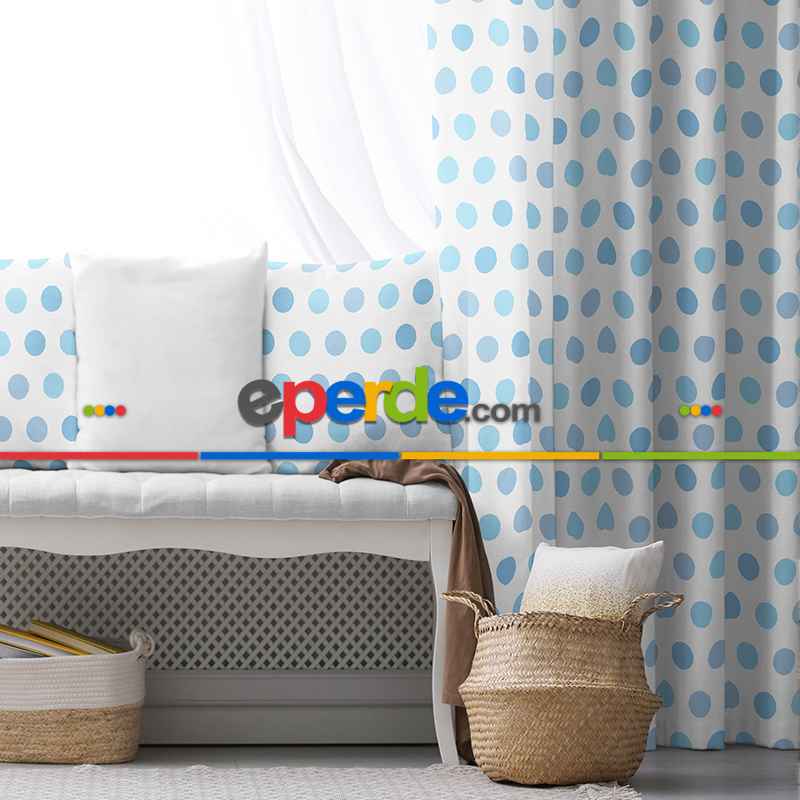 Çocuk Fon Perde Evim1616-8 Kumaşı Kalındır Duck Bezi Değildir- Mavi-beyaz