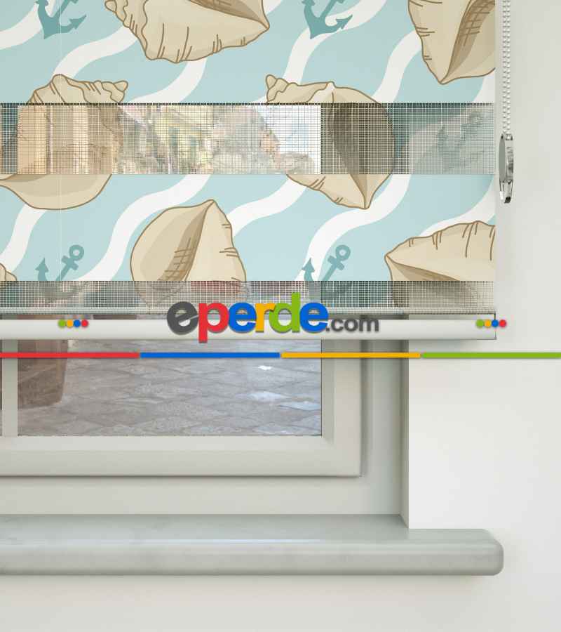 Çocuk Odası Zebra Perde - Deniz Kabuğu Baskılı Zebra Perde- Mavi-Beyaz-Krem