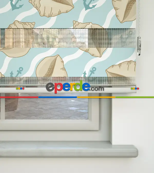 Deniz Kabuğu Baskılı Zebra Perde- Mavi-beyaz-krem