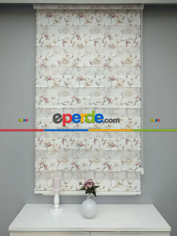 Salon Zebra Perde - 2021 Sezonu - Zebra Perde - Dijital Baskılı Çiçek Desenli Zebra Perde- Bej