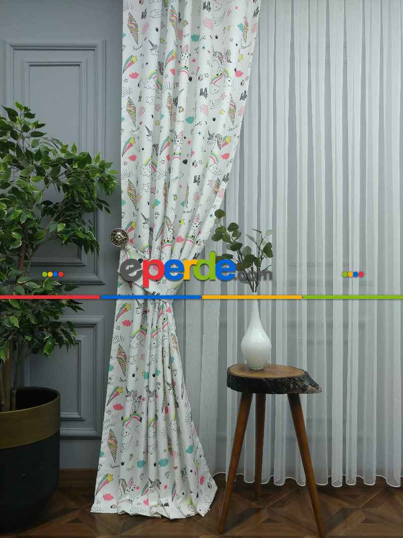 Unicorn Desenli Fon Perde Evm681 Kumaşı Kalındır Duck Bezi Değildir- Siyah-Beyaz-Pembe