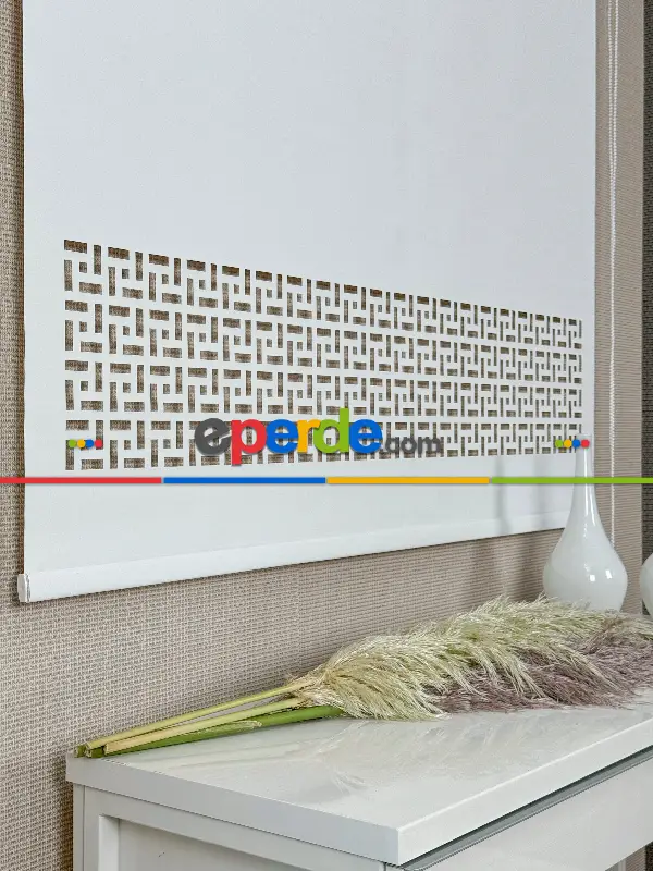 Ekru Lazer Kesimli Stor Perde ( Lazer Kesim Fiyata Dahildir) Metal Kasalı - Yüksek Kalite - Kornişe Kolay Montaj Seçenekli