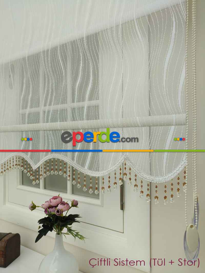 Brillant - Stor Perde - Çiftli Sistem Tül Ve Stor Perde - Su Yolu Desen- Krem Açık-ekru