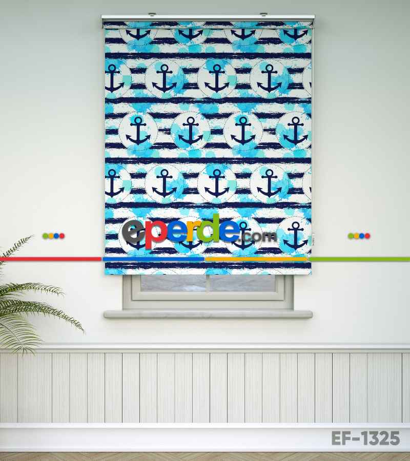 Çapa Desenli Baskılı Stor Perde- Lacivert-mavi