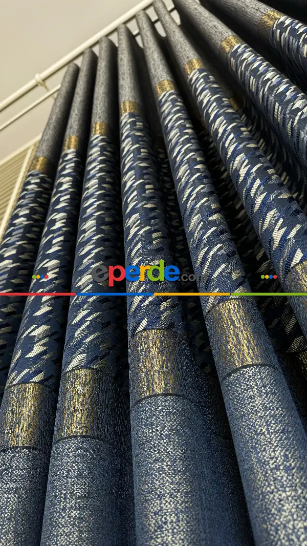 Lacivert Mavi Altın Fon Perde, Kazayağı Desenli Jakar Dokumadır. Pano Fon