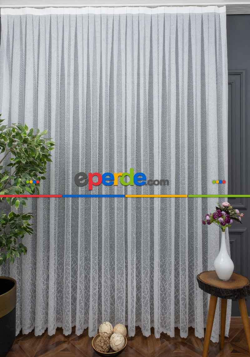 Etek Ucu Örme Desenli Tül - Ekru