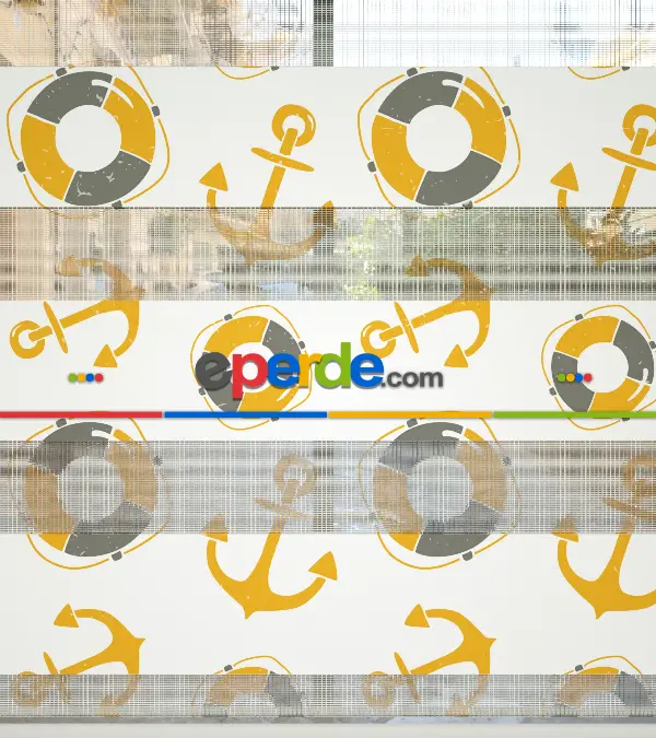 Bebek Odası Zebra Perde - Çapa Desenli Baskılı Zebra Perde- Gri-Füme-Antrasit-Sarı