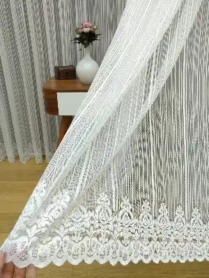 Etek Ucu Desenli Boyuna Çizgili Tül Perde ( Hazır Ölçü 1/2.5 Normal Pile )- Ekru 200cm X 195cm 
