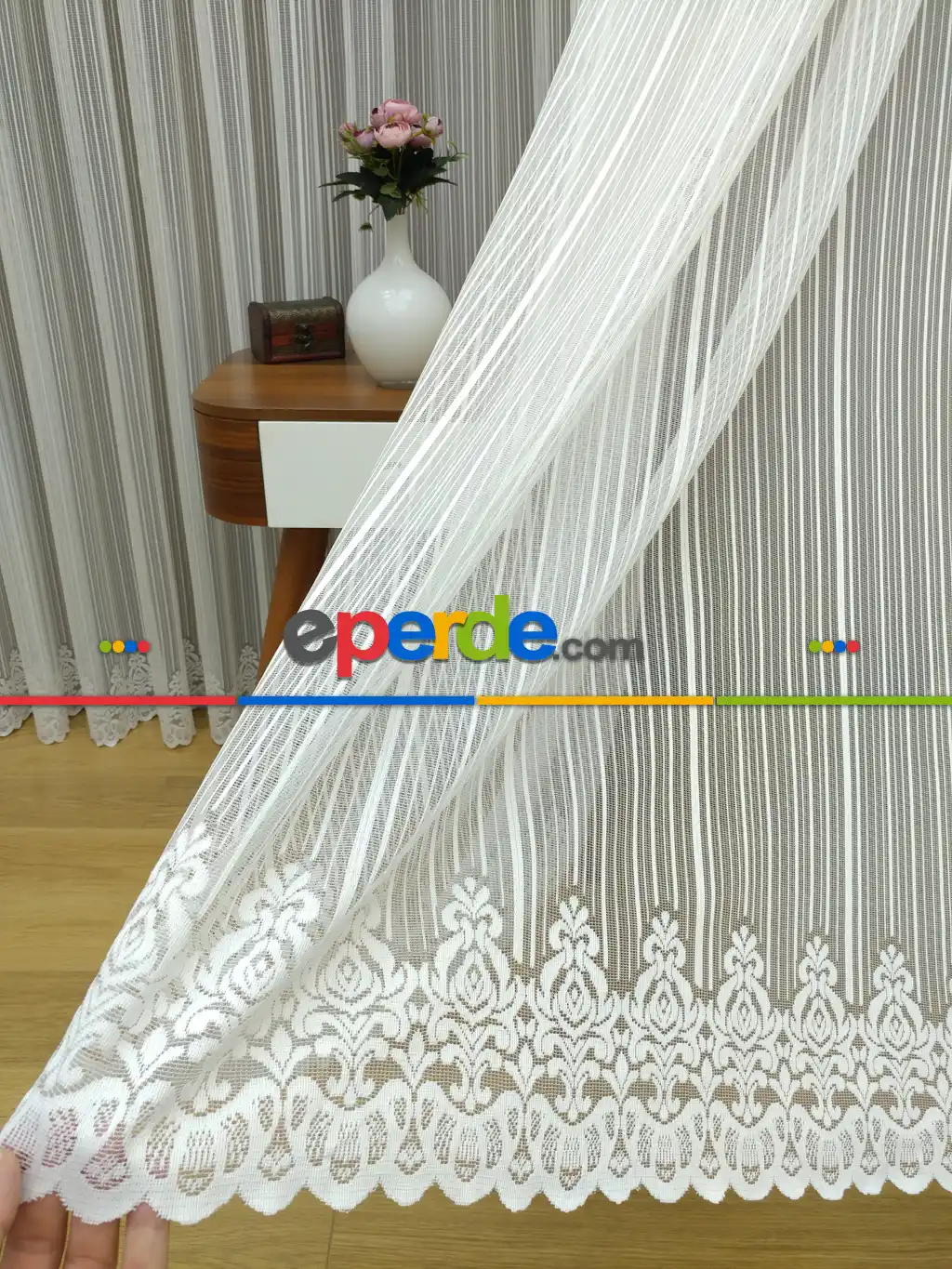 Etek Ucu Desenli Boyuna Çizgili Tül Perde ( Hazır Ölçü 1/2.5 Normal Pile )- Ekru 200cm X 195cm 