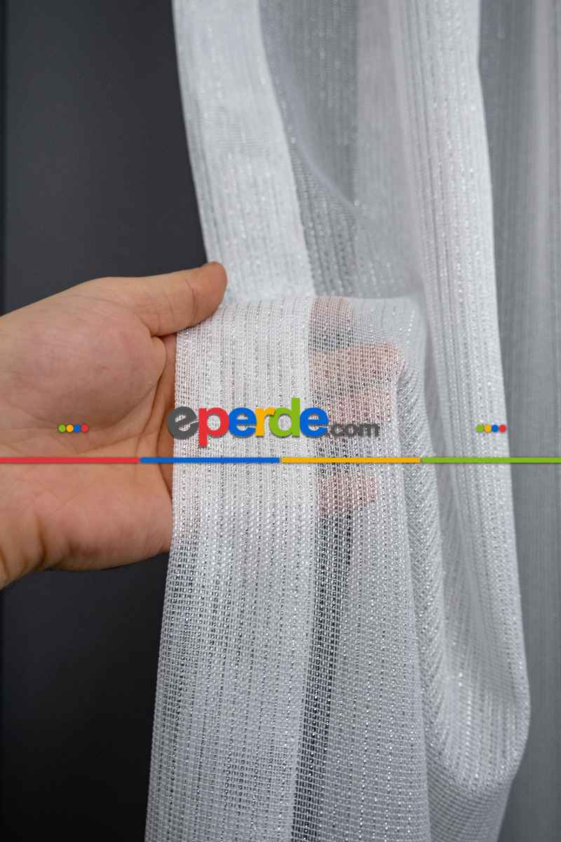 Gümüş Simli İnce Çizgili Gramajlı Dökümlü Kaliteli Tül Ekru