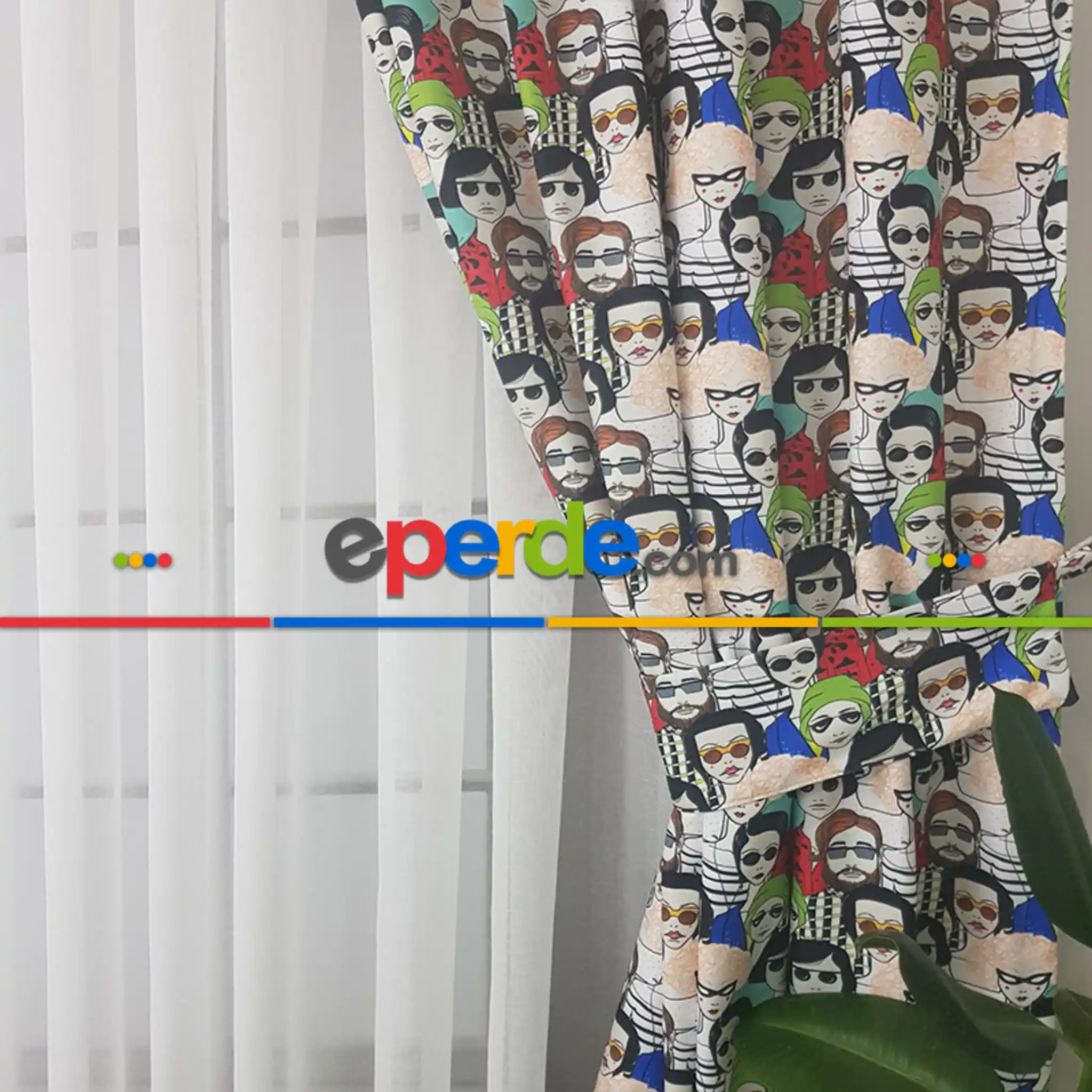 Popart Desenli Fon Perde Evm1112 Kumaşı Kalındır Duck Bezi Değildir- Siyah-Mavi-Kırmızı-Beyaz- Çok Renkli 3