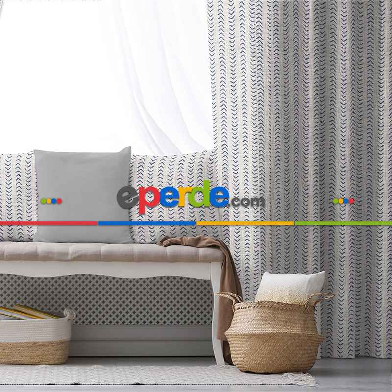 Etnik Fon Perde Evim1535 Kumaşı Kalındır Duck Bezi Değildir- Mavi-beyaz