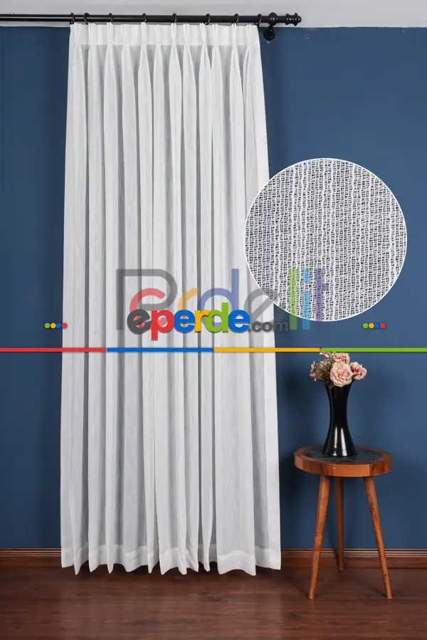 Yeni Sezon Çizgili Ekru Keten Görünümlü Tül Perde