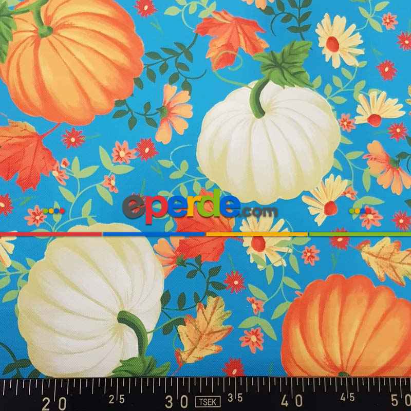 Kabak Desenli Fon Perde Evm1531 Kumaşı Kalındır Duck Bezi Değildir- Mavi-Turuncu