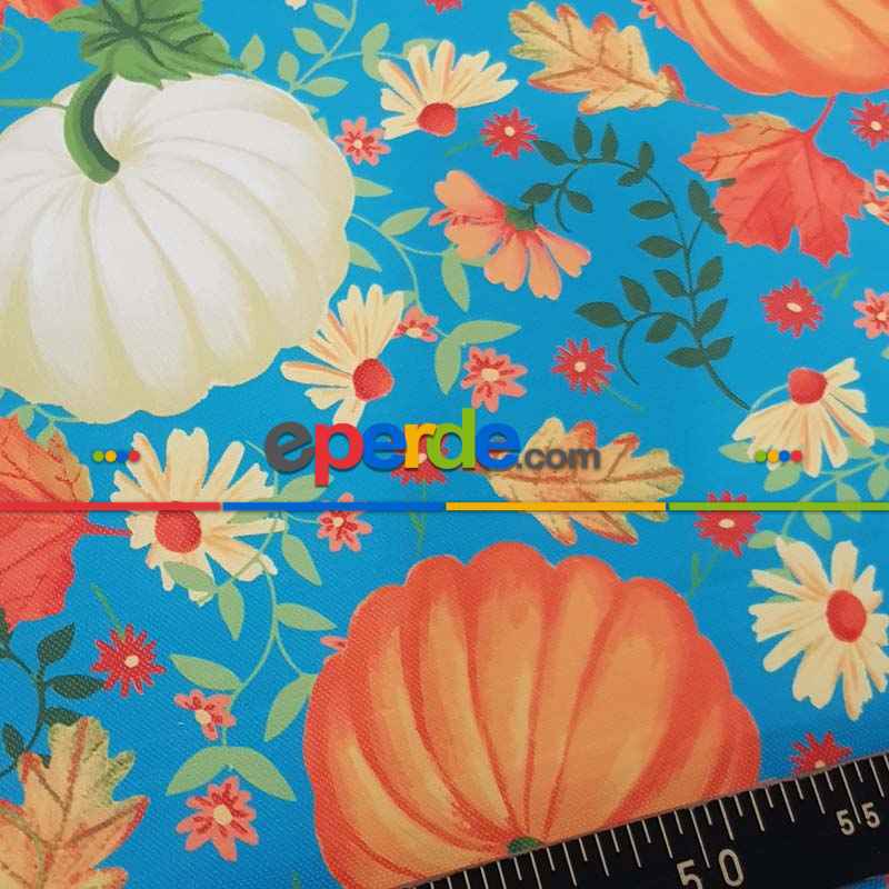 Kabak Desenli Fon Perde Evm1531 Kumaşı Kalındır Duck Bezi Değildir- Mavi-Turuncu