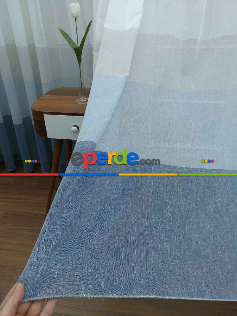 Oturma Odası - Keten Tül Degrade Perde- Mavi-krem