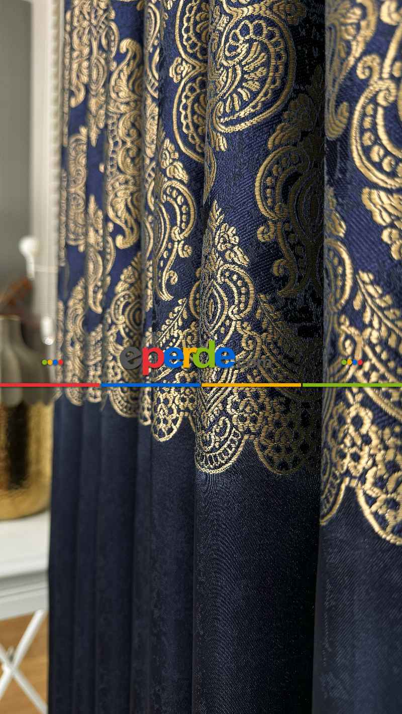 Lacivert Altın Fon Perde, Pano Damask Desenli