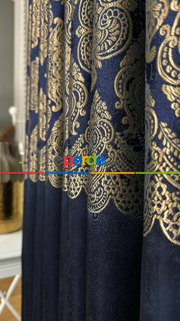 Lacivert Altın Fon Perde, Pano Damask Desenli