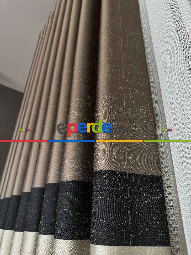 Salon - Kahveregi Krem Siyah Jakar Dokuma Fon Perde, Parlak Zemin