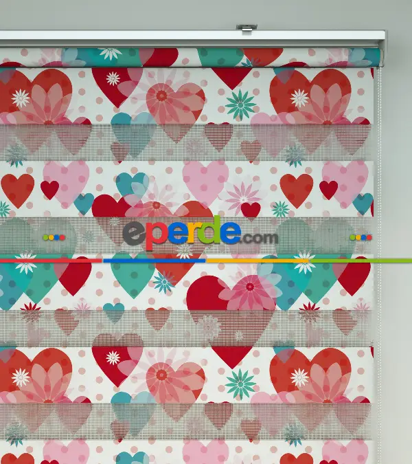 Çocuk Odası Zebra - Kalp Desenli Baskılı Zebra Perde- Çok Renkli