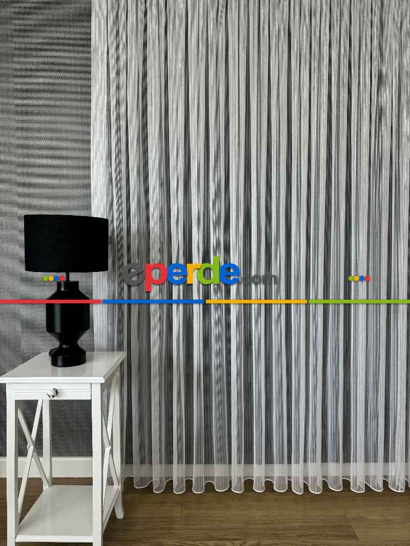 Ekru Çizgili Zincir Desenli Düz Tül Perde - Gramajlı Kurşunlu Tül Perde