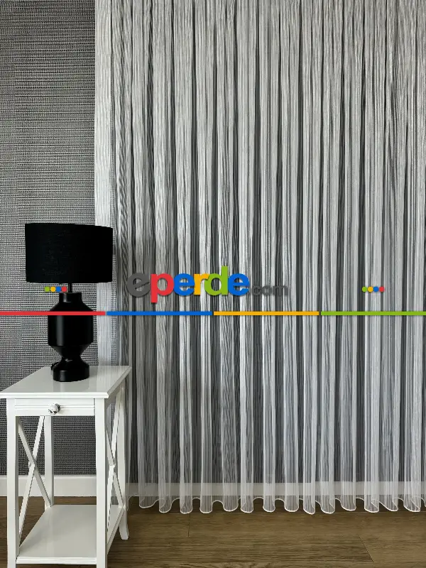 Ekru Çizgili Zincir Desenli Düz Tül Perde - Gramajlı Kurşunlu Tül Perde