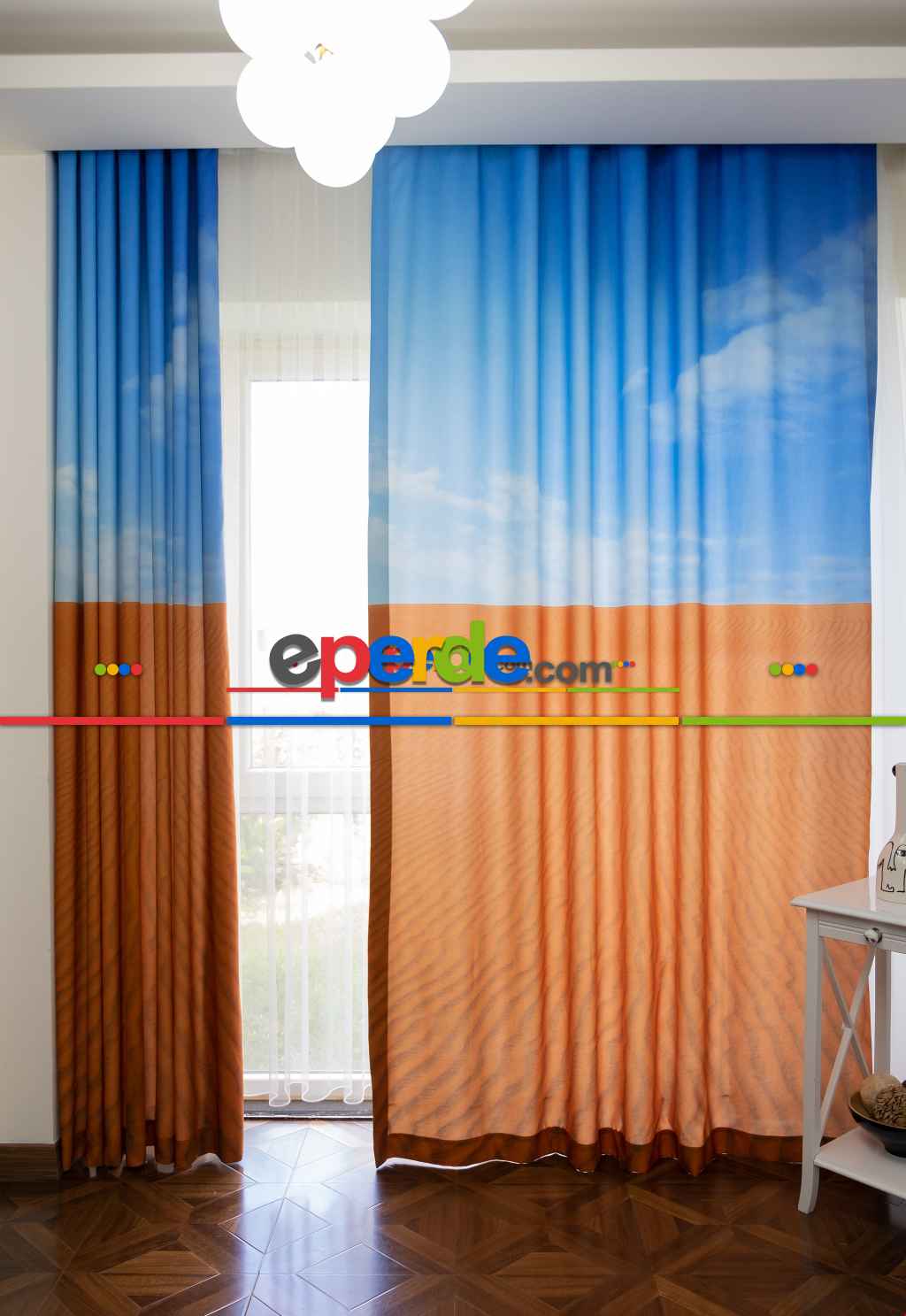 Hazır Ölçülü Dökümlü Kumaştan Çöl Ve Gökyüzü Manzaralı Baskılı Pilesiz Fon Perde 1. Kalite