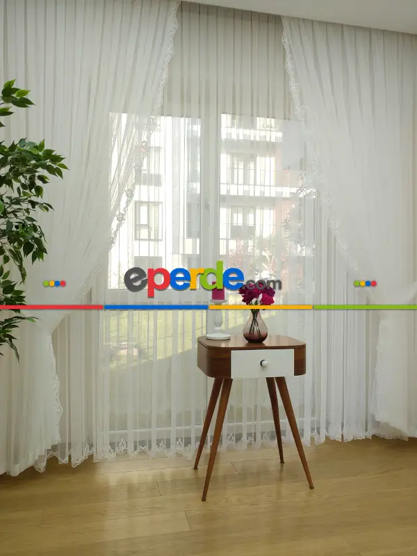 Fansız Dantel Fon Perde Etek Ucu Kortlu Nakış (güpür ) İşlemeli - 3 İçindeki Tül Kodu #22169- Ekru