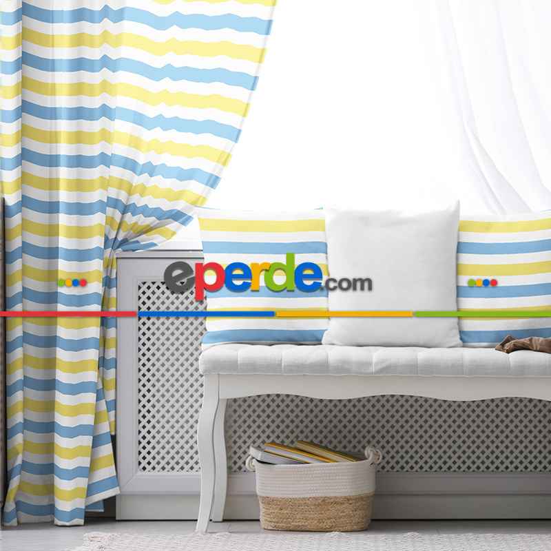 Çocuk Fon Perde Evim1616-6 Kumaşı Kalındır Duck Bezi Değildir- Mavi-beyaz