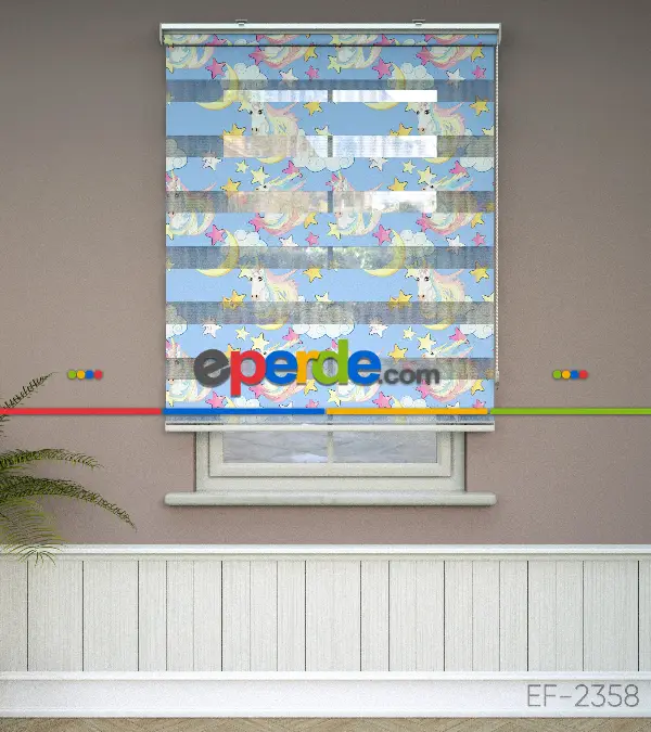 Unicorn Desenli Baskılı Zebra Perde- Çok Renkli