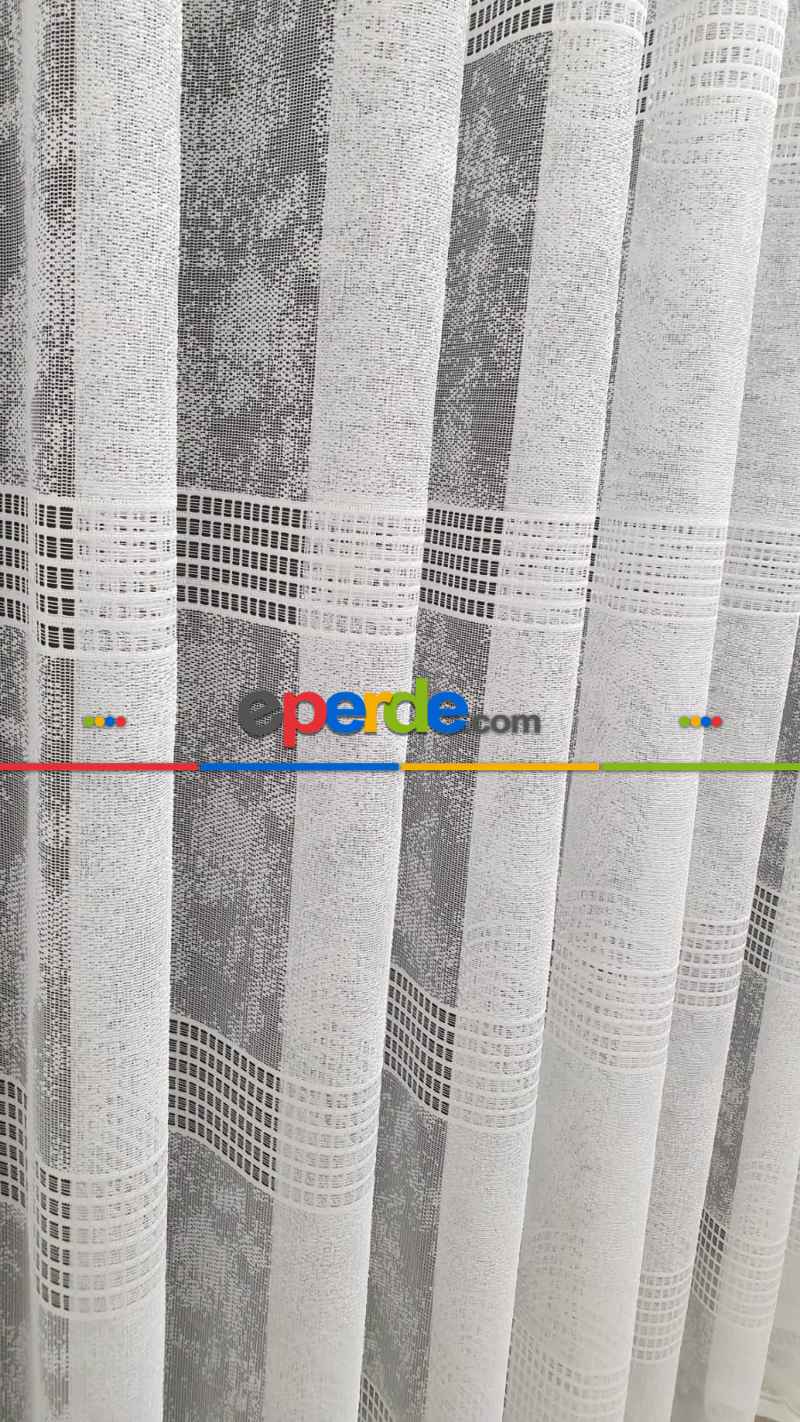 Spor Desen Tül Perde - Karlı Kareli Geometri Desenli - Ekru Açık Krem - Örme Tül